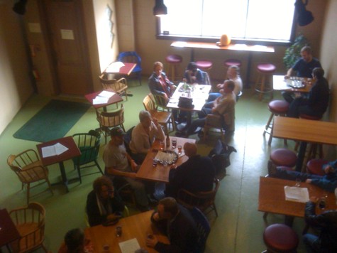 View of the pub's front room from the mezzanine.