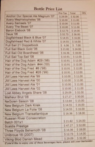 The bottle list with pricing