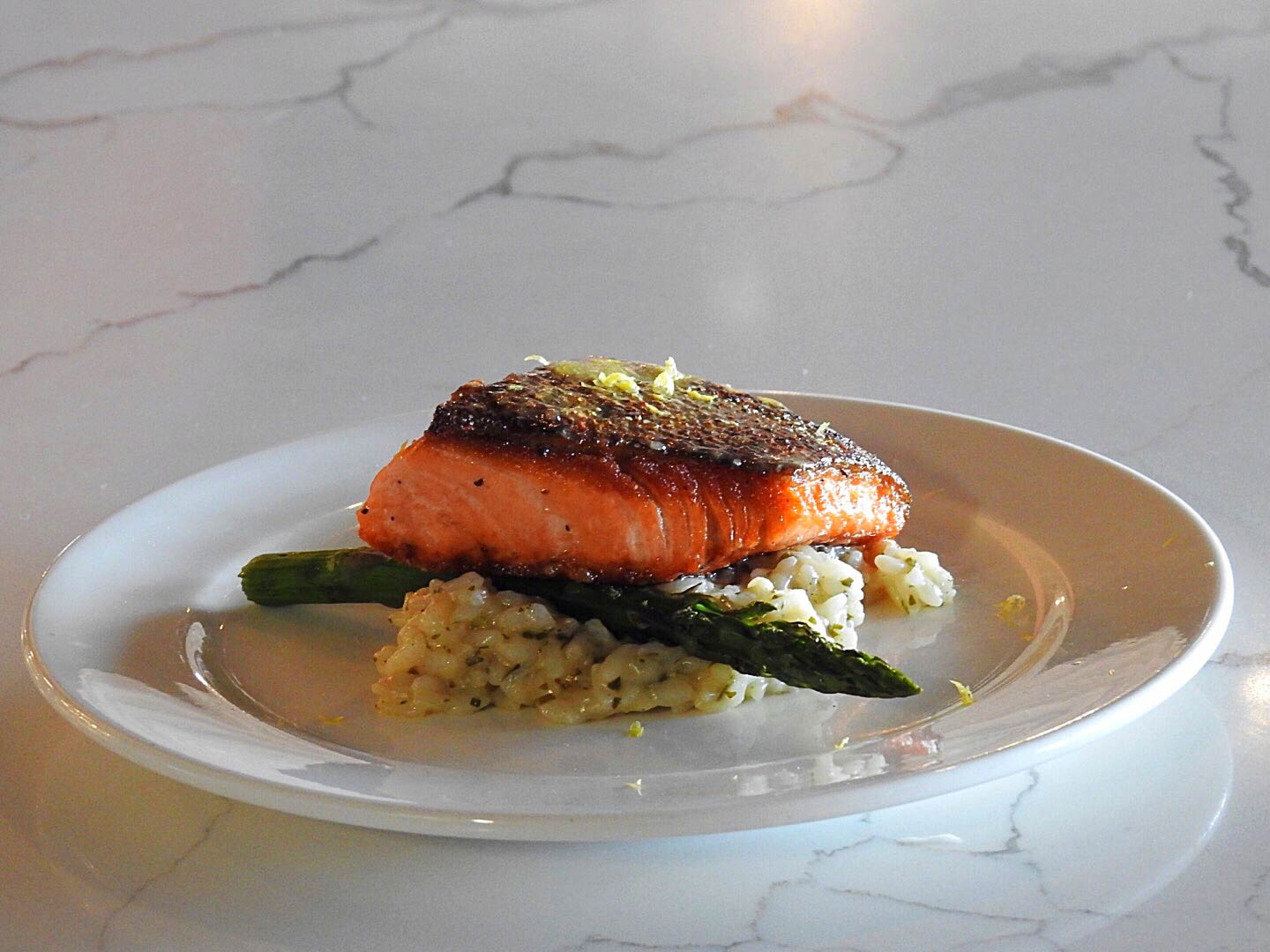 Sample-size portion of the salmon and risotto.