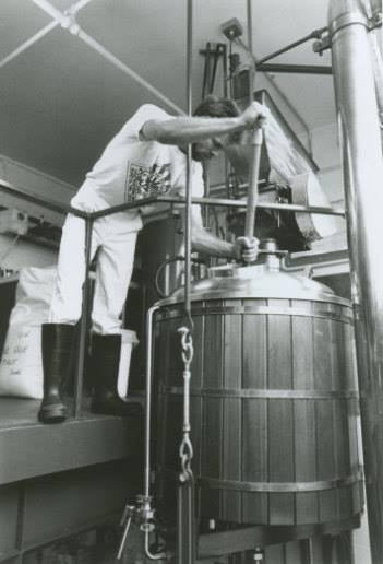 Part of the original Pike Brew Crew, Jason Parker (who now owns Copperworks Distilling) at the mash tun in 1989.