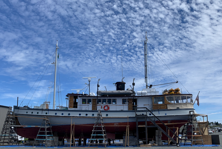 A boat in dry dock at the boatyard in Port Townsend.