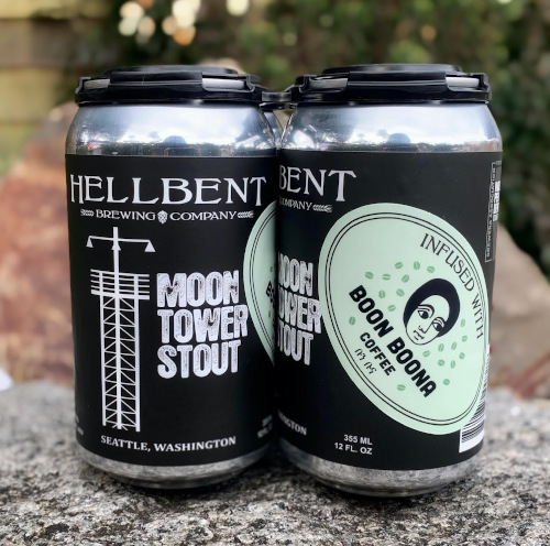 two cans of Hellbent Brewing's Moon Tower Stout, with Boon Boona coffee.
