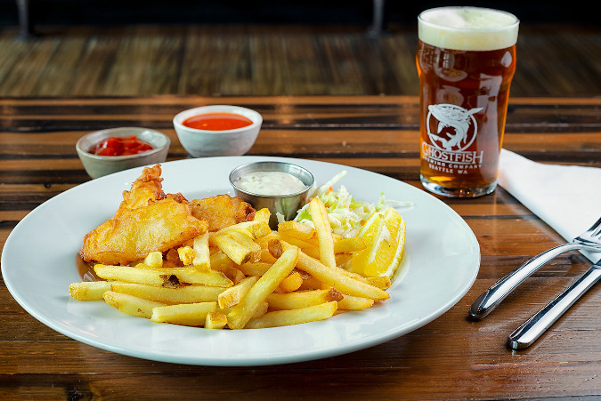 Gluten-Free fish-n-chips and beer at Ghostfish Brewing in Seattle.