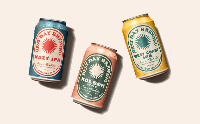 Three cans of non-alcoholic beer from Best Day Brewing.