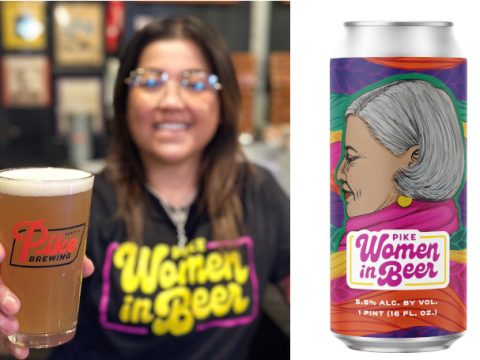 A woman holding a pint of beer, alongside a picture of the can.