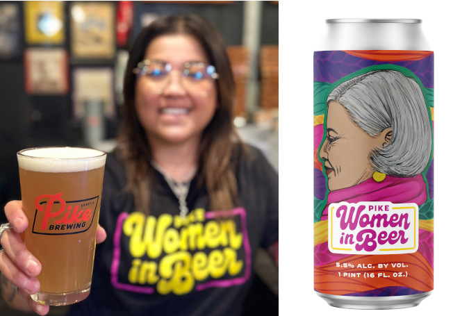 A woman holding a pint of beer, alongside a picture of the can.