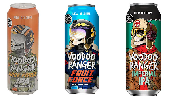 Cans of beer, the Voodoo Ranger family of beers from New Belgium Brewing.