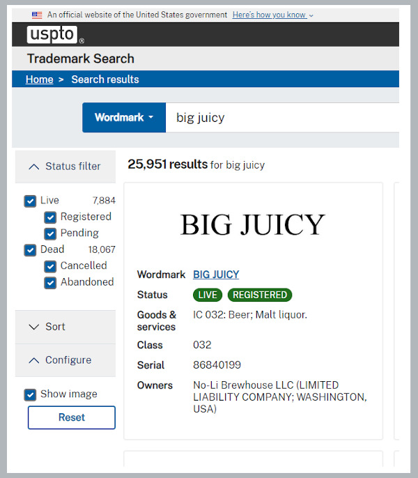 Search results from the USPTO for the term big juicy.