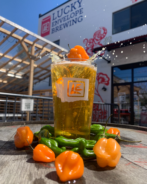 Pint of beer with peppers: Two Pepper Pale Ale.