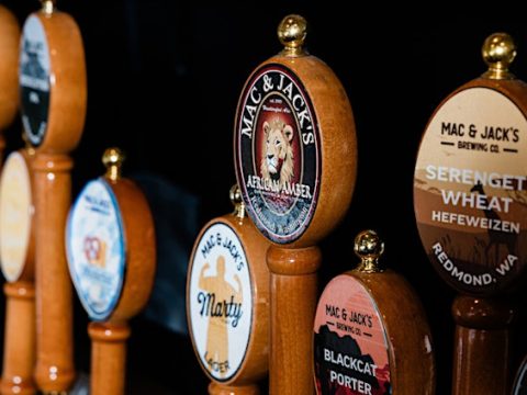 A collection of tap handles from Mac and Jack's Brewery.