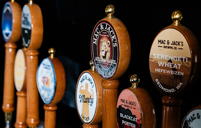 A collection of tap handles from Mac and Jack's Brewery.