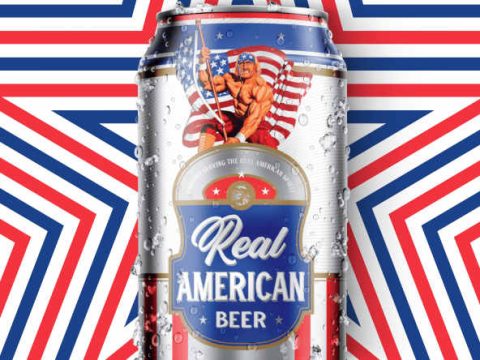 A can of Real American Beer, featuring Hulk Hogan and a flag.