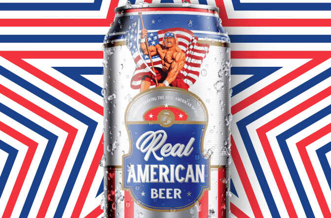 A can of Real American Beer, featuring Hulk Hogan and a flag.