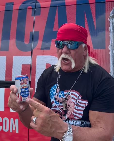 Hulk Hogan with a can of Real American Beer.