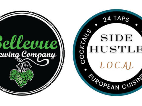 Logos for Bellevue Brewing and Side Hustle Local against a white background