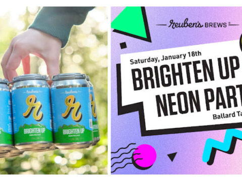 A six-pack of Brighten Up IPA and a poster for the release event.