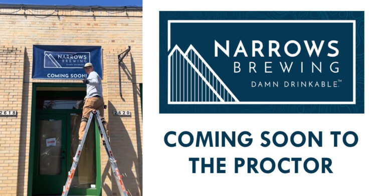 Narrows Brewing is Opening a New Taproom in Tacoma A man on a ladder hanging a "coming soon" sign above a door