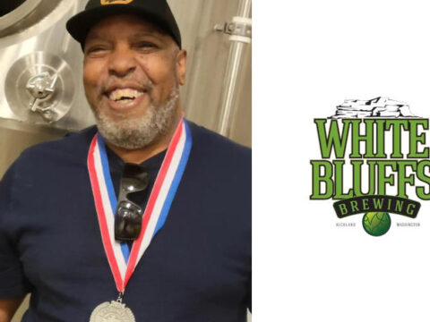 A picture of Larry Rock, next to the White Bluffs Brewing logo