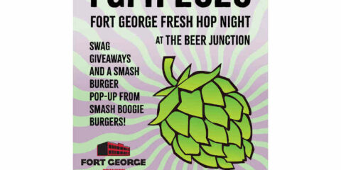 A poster for a fresh hop beer event with a large, green glowing hop