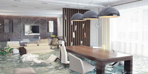 Flooded living room showing severe water damage to furniture