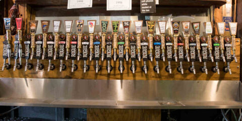 A row of tap handles behind a bar