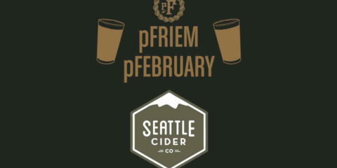 Logos for Seattle Cider and pFriem Family Brewers set against a brown background