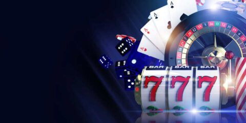Online slot machine illustration with spinning reels, casino cards, and dice