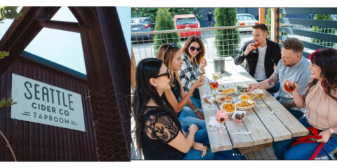 People enjoying cider on the patio of a taproom