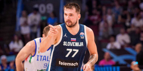 Luka Dončić representing Slovenia in an international basketball game.