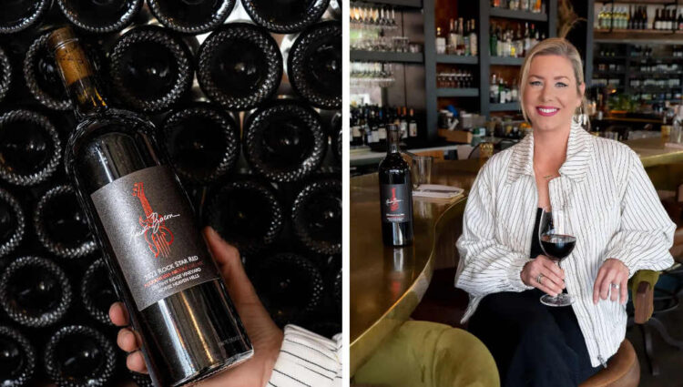 Kristin Bacon sits with a glass of the wine named for her