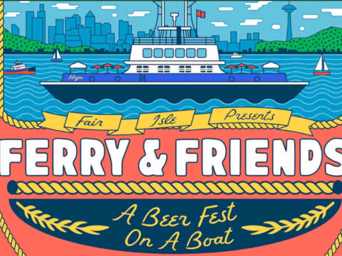 Ferry and Friends – Lagers on the Lake and Saisons at Sunset a poster for a beer event, an illustration of a ferry boat on a lake