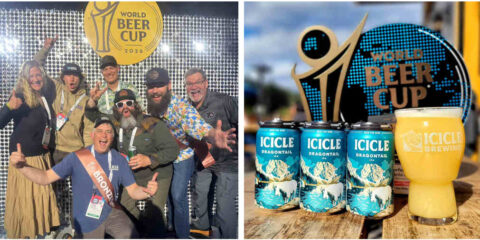 People celebrate a winning medal at a beer festival