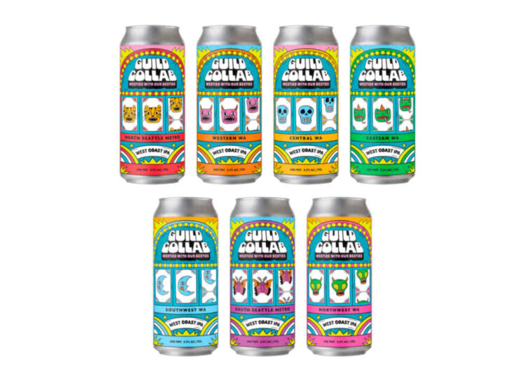 Seven different labels for the collaboration brewing project