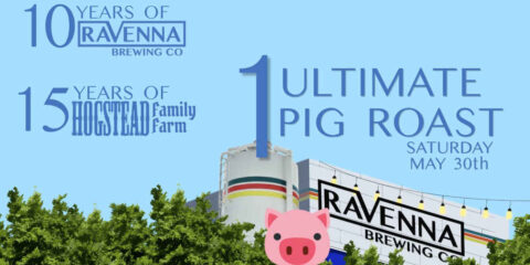 A poster for an anniversary event at a brewery, with information presented against a blue sky background