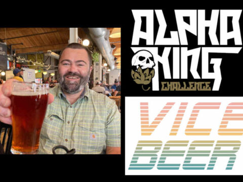 A man holding a beer, alongside two logos