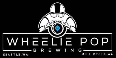 logo for wheelie pop brewing, white against a black background
