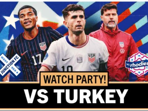 World Cup Watch Parties at Ounces Taproom and Beer Garden a poster with three soccer players advertising a watch party
