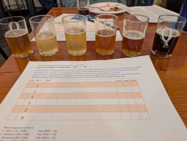Want to Become a Real Beer Judge? Flying Bike Brewery is Here to Help a row of beer samples lined up for judging