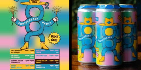 Cans of an anniversary beer next to a poster for an event