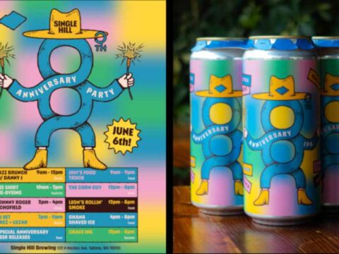 Cans of an anniversary beer next to a poster for an event