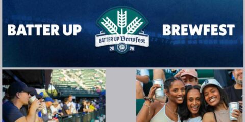 The loco for a beer fest set against blue background, with pictures of people enjoying beers at the ballpark