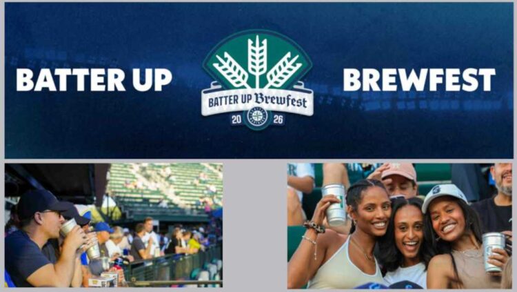 Seattle Mariners Present the Inaugural Batter Up Brewfest on July 11th The loco for a beer fest set against blue background, with pictures of people enjoying beers at the ballpark