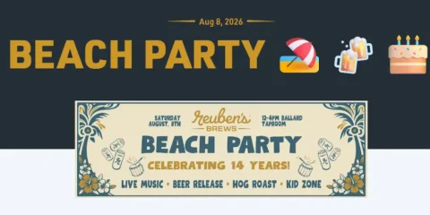 A poster for the beach party at Reuben's Brews