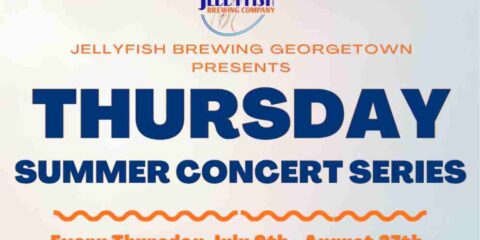 Jellyfish Brewing Kicks Off its Summer Concert Series this Thursday A poster for a series of music events at a Jellyfish Brewing, with blue and orange letters against a gray background