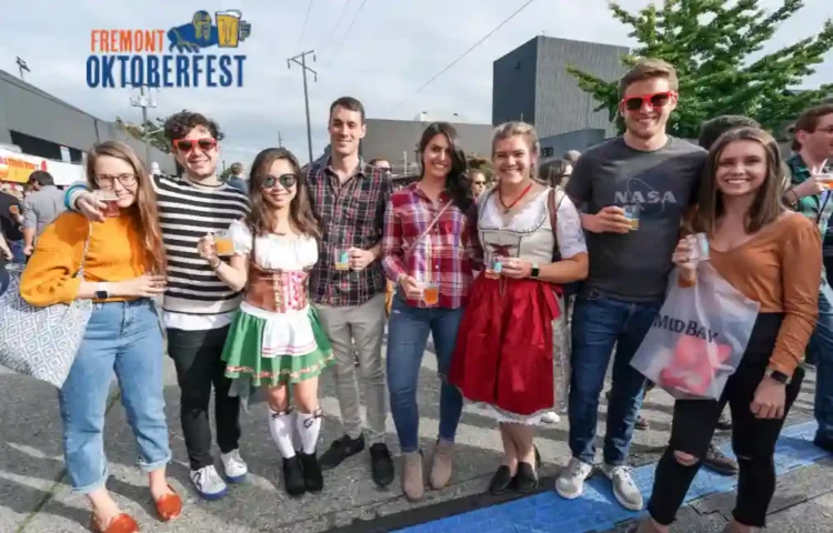A group of friends at Fremont Oktoberfest pose for the camera
