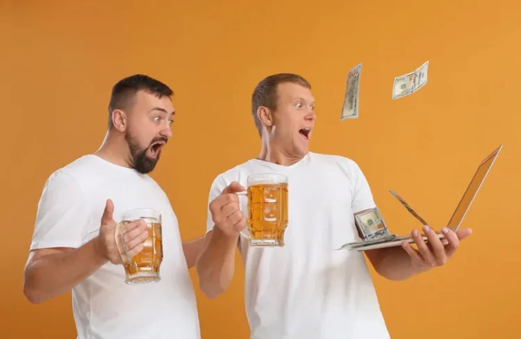 Beer-loving men betting online.