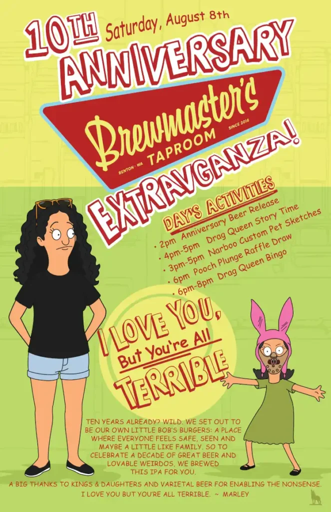 A full-size poster for the anniversary event at Brewmaster's Taproom.