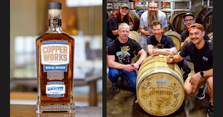 A group of people crouched around a barrel of whiskey