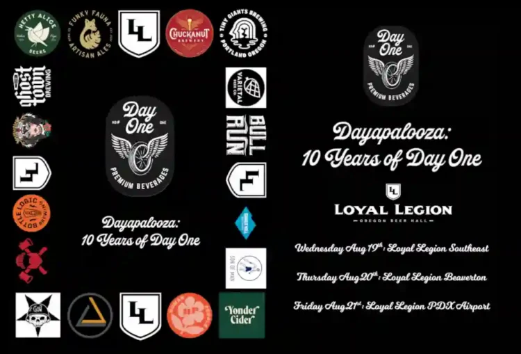 Poster for the Dayapalooza celebration, black background with several brewery logos