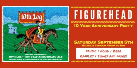 A flyer for a brewery anniversary event, set against a red backgound